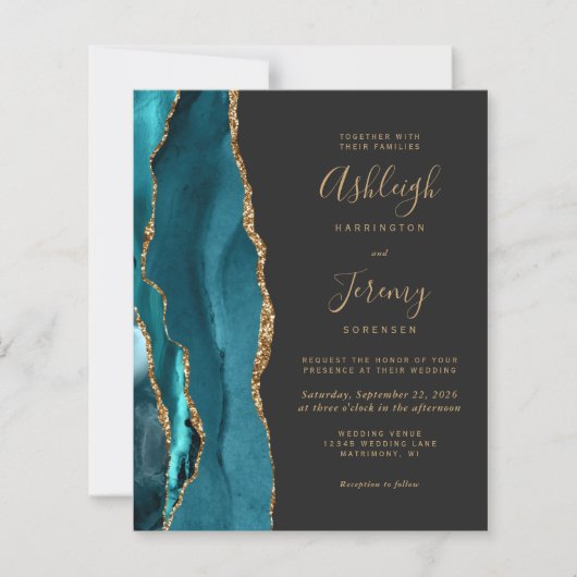 Budget Teal Gold QR Code Wedding Invitation (正面)