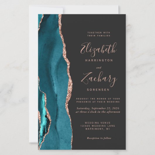 Budget Teal Rose Gold Agate Dark Wedding Invite (正面)