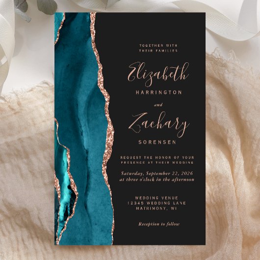 Budget Teal Rose Gold Agate Dark Wedding Invite
