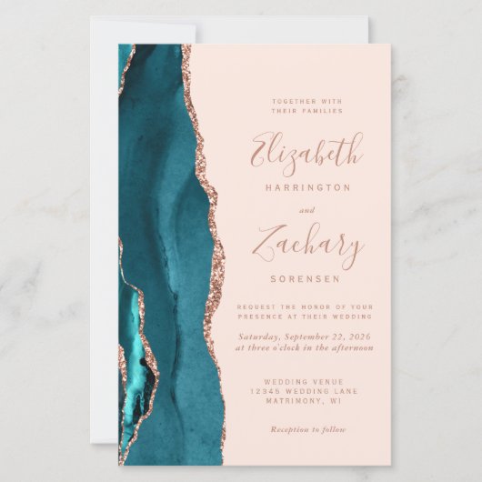 Budget Teal Rose Gold Agate Wedding Invitation (正面)