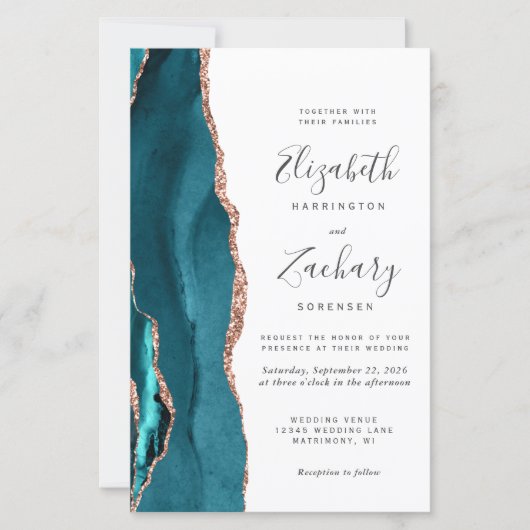 Budget Teal Rose Gold Agate Wedding Invitation (正面)