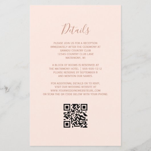 Budget Teal Rose Gold Blush QR Code Wedding Invite (裏面)