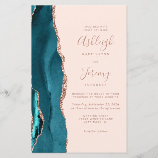 Budget Teal Rose Gold Blush QR Code Wedding Invite (正面)