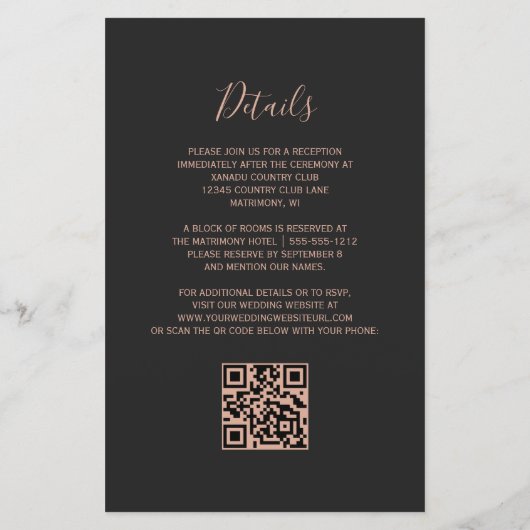 Budget Teal Rose Gold Dark QR Code Wedding Invite (裏面)