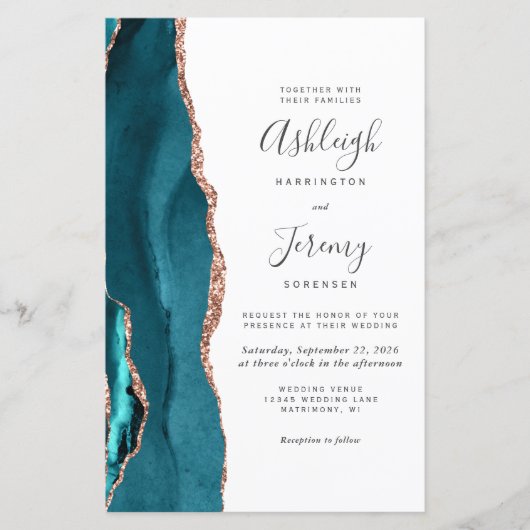 Budget Teal Rose Gold QR Code Wedding Invitation (正面)