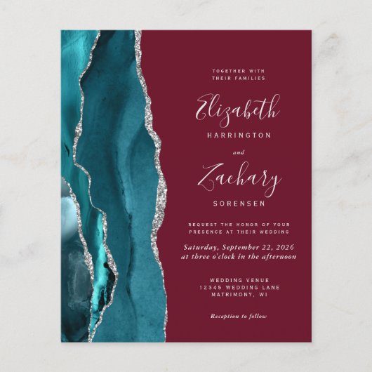Budget Teal Silver Agate Burgundy QR Code Wedding (正面)