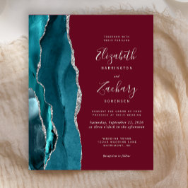 Budget Teal Silver Agate Burgundy Wedding Invite