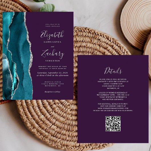 Budget Teal Silver Agate Purple QR Code Wedding