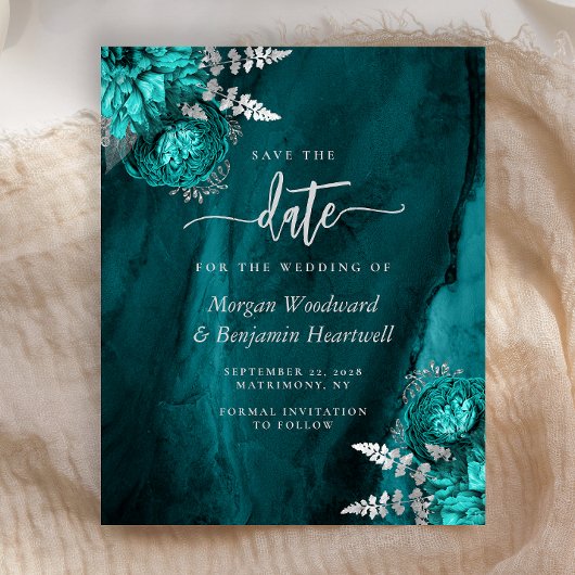 Budget Teal Silver Floral Wedding Save the Date