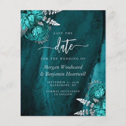 Budget Teal Silver Floral Wedding Save the Date (正面)