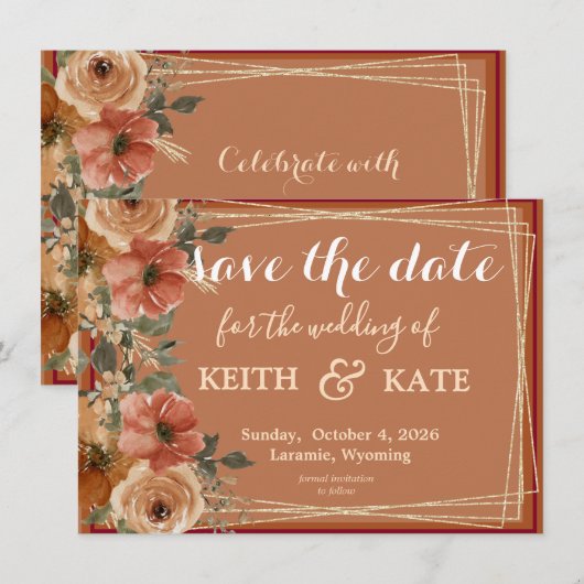 BUDGET Terracotta Floral Elegant Save Date 招待状 (正面/裏面)