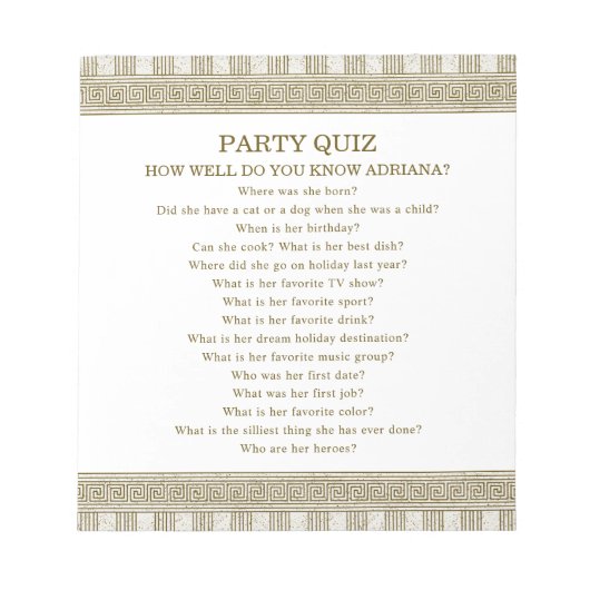 Budget Toga Party Quiz ノートパッド (正面)