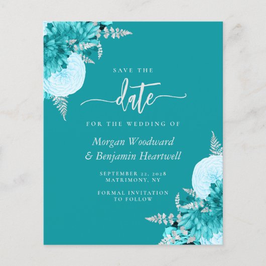 Budget Turquoise Floral Wedding Save the Date (正面)