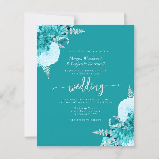 Budget Turquoise Silver Floral QR Code Wedding (正面)