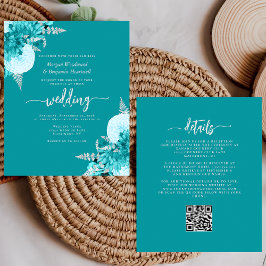 Budget Turquoise Silver Floral QR Code Wedding