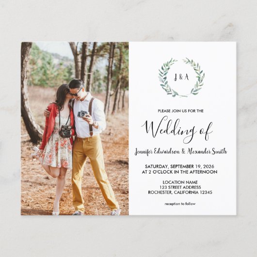 Budget watercolor leaves monogram photo Wedding チラシ (正面)