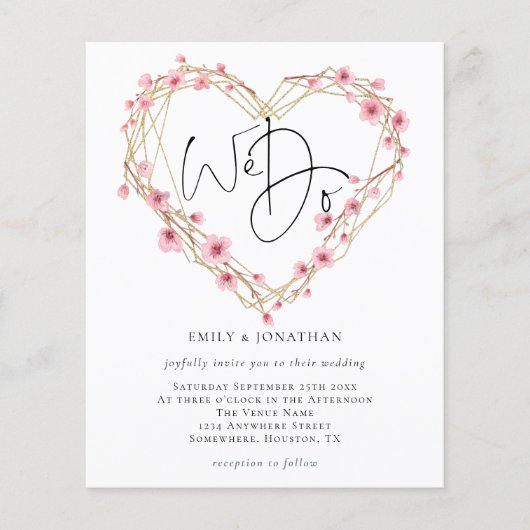 Budget We Do桜ハートフレーム結婚式招待状 (正面)