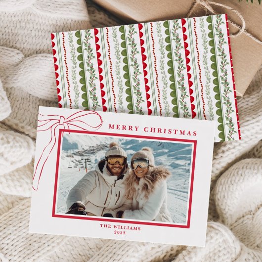 Budget Whimsical Red Bow Christmas Photo シーズンカード