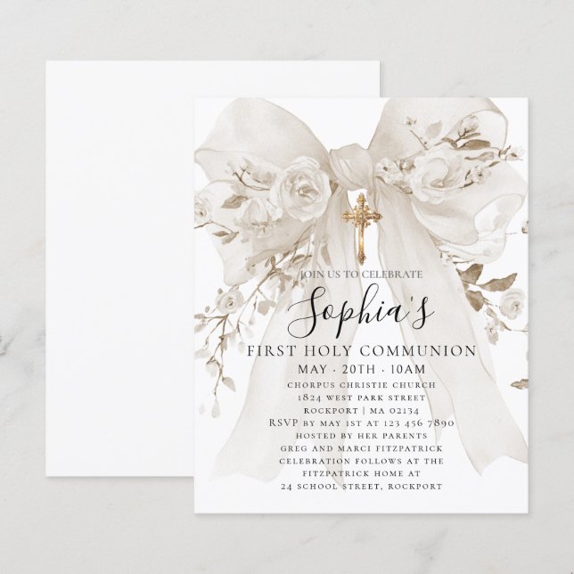 BUDGET White Bow Rose First Communion Invite (正面/裏面)