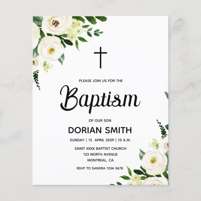 Budget White Floral Boy Baptism invitation (正面)