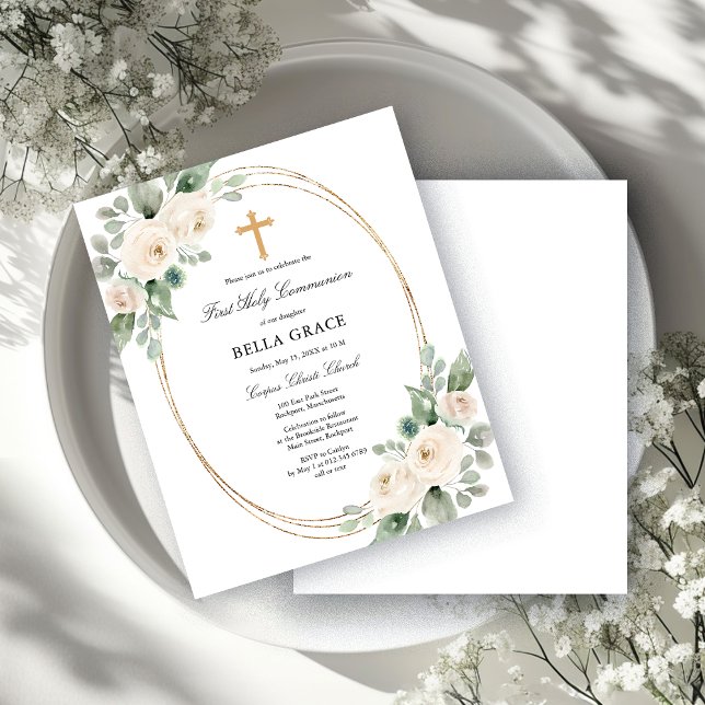 Budget White Floral First Communion Invitation (クリエイターアップロード済み)