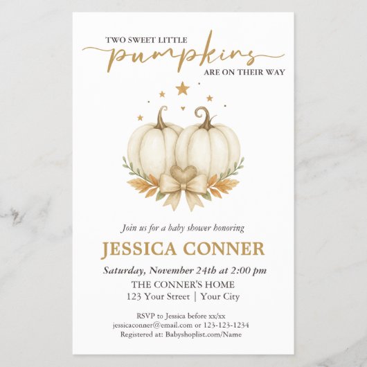 BUDGET White Pumpkins TWINS Baby Shower Invitation チラシ (正面)