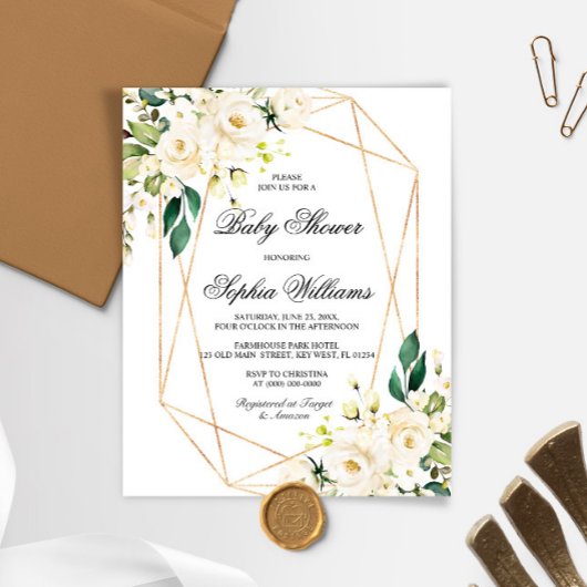 Budget White Rose & Green Baby Shower Invitation