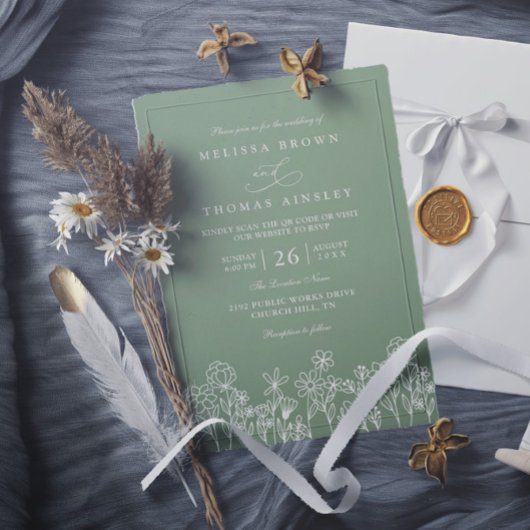 Budget Wildflower Boho Sage Green QR Code Wedding 招待状