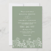 Budget Wildflower Boho Sage Green QR Code Wedding 招待状 (正面)