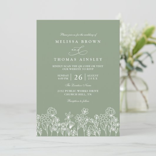 Budget Wildflower Boho Sage Green QR Code Wedding 招待状 (スタンド正面)