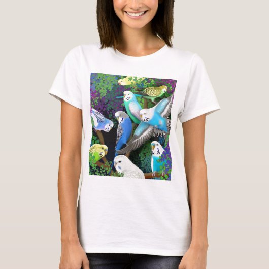 Budgieのインコおよびシダの女性ベビードールのワイシャツ Tシャツ (正面)
