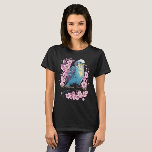 Budgie Budgerigar Bird Japanese Cherry Sakura Flow Tシャツ (正面フル)