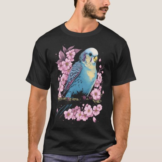 Budgie Budgerigar Bird Japanese Cherry Sakura Flow Tシャツ (正面)