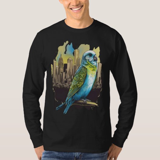 Budgie Budgerigar Parakeet City Skyline Parrot Bir Tシャツ (正面)
