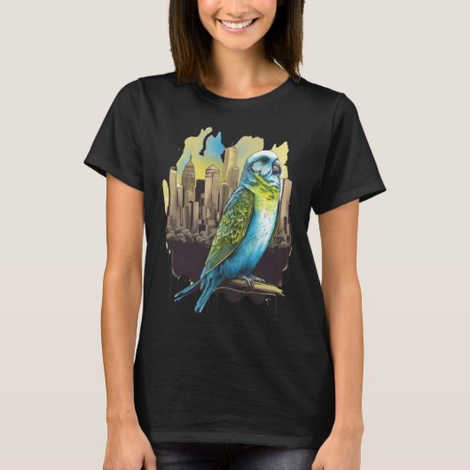 Budgie Budgerigar Parakeet City Skyline Parrot Bir Tシャツ (正面)