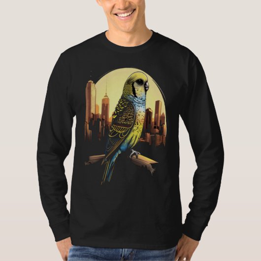 Budgie Budgerigar Parakeet City Skyline Parrot Bir Tシャツ (正面)