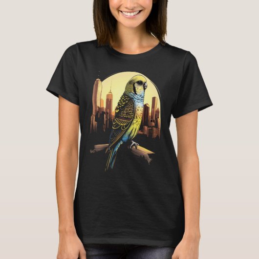 Budgie Budgerigar Parakeet City Skyline Parrot Bir Tシャツ (正面)