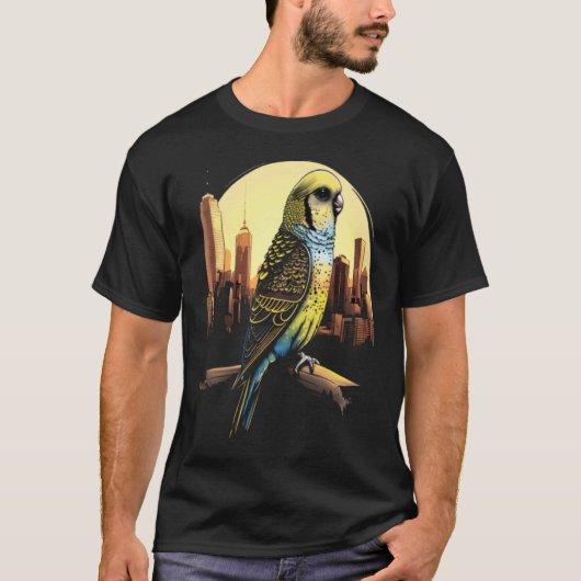 Budgie Budgerigar Parakeet City Skyline Parrot Bir Tシャツ (正面)