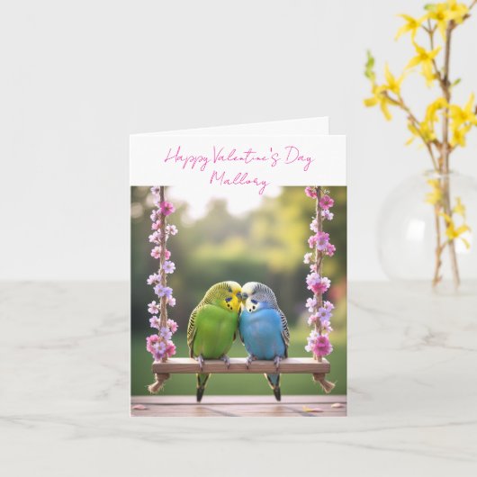 Budgie Couple Custom Valentines or Anniversary  カード (黄色い花)