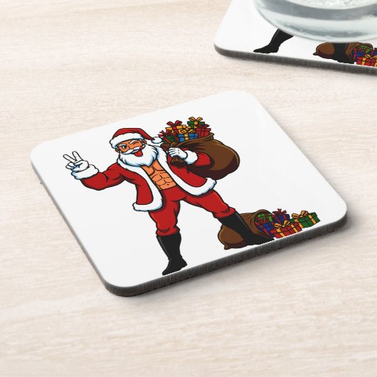 Buff Santa Peace Sign! Ripped Abs & Funny Christma コースター (左側)