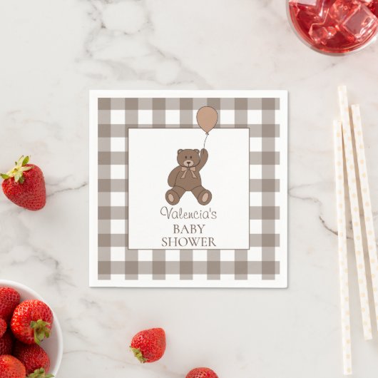 Buffalo Check Brown White Teddy Bear Baby Shower スタンダードカクテルナプキン (インサイチュ)
