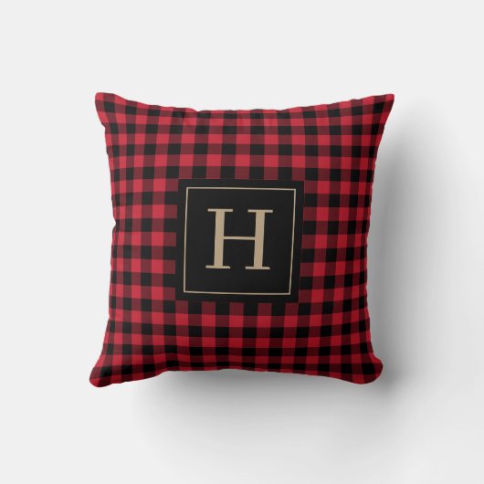 Buffalo Check Plaid Rustic Red and Black Monogram クッション (裏面)