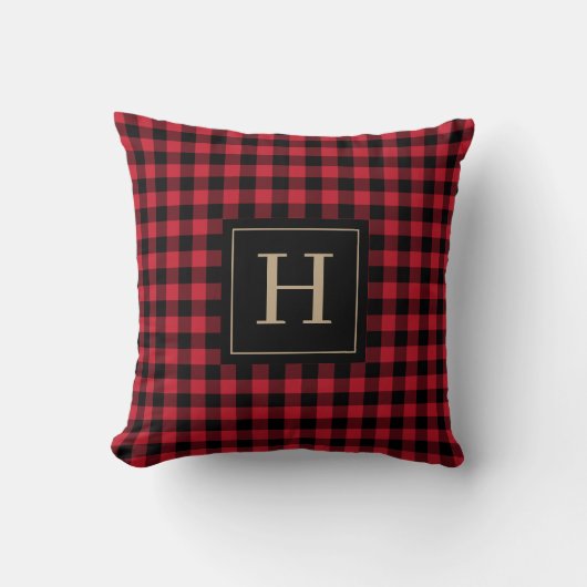 Buffalo Check Plaid Rustic Red and Black Monogram クッション (正面)