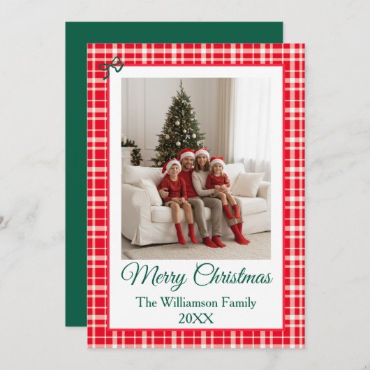 Buffalo Check Style Photo Red and Green Christmas シーズンカード (正面/裏面)
