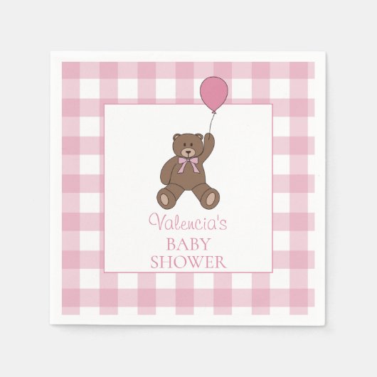 Buffalo Check Teddy Bear and Balloon Baby Shower スタンダードカクテルナプキン (正面)