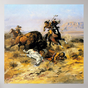 “Buffalo Hunt” Cowboy Art by Charles Russell ポスター