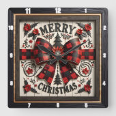 Buffalo Plaid Bow Merry Christmas スクエア壁時計 (正面)
