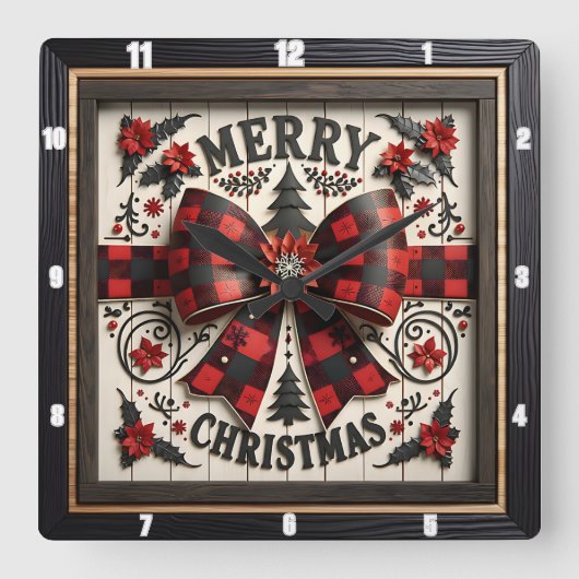 Buffalo Plaid Bow Merry Christmas スクエア壁時計 (正面)