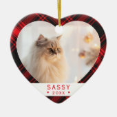 Buffalo Plaid Cat Lover Photo Heart Ornament セラミックオーナメント (正面)