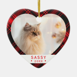 Buffalo Plaid Cat Lover Photo Heart Ornament セラミックオーナメント